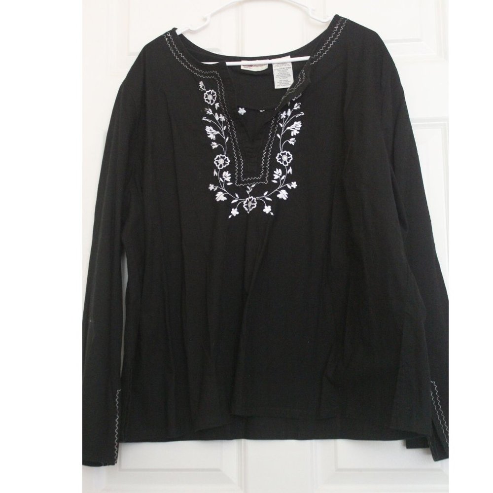 VINTAGE Faded Glory Embroidered Tunic Top Black Boho 70's Size 28W